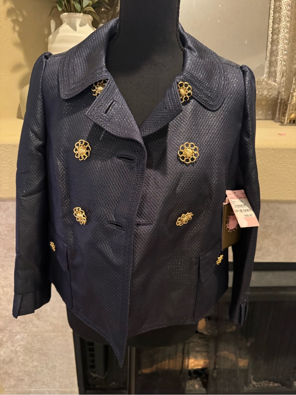 NWT Juicy Couture Navy Blue Cropped Jacket | Size 8 | Gold Filigree Buttons